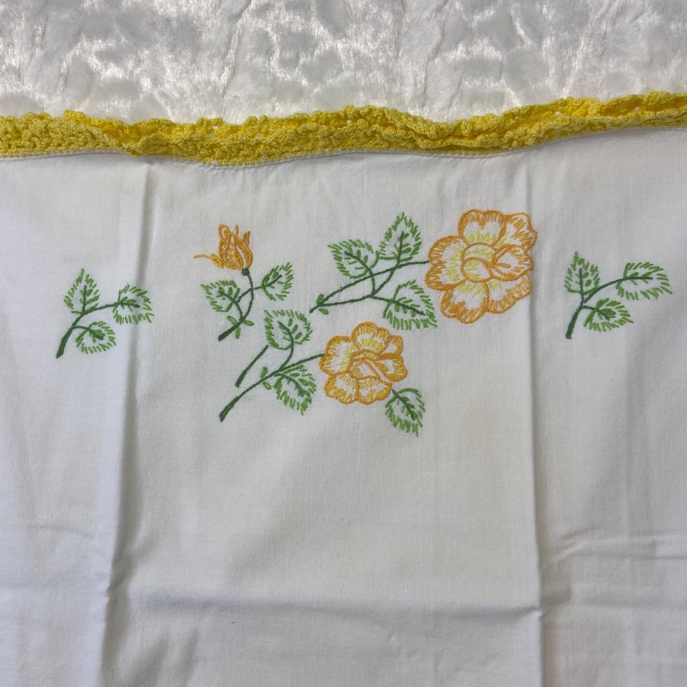 Vintage Pillowcases White Cotton Slips, Embroidered handmade crocheted Floral